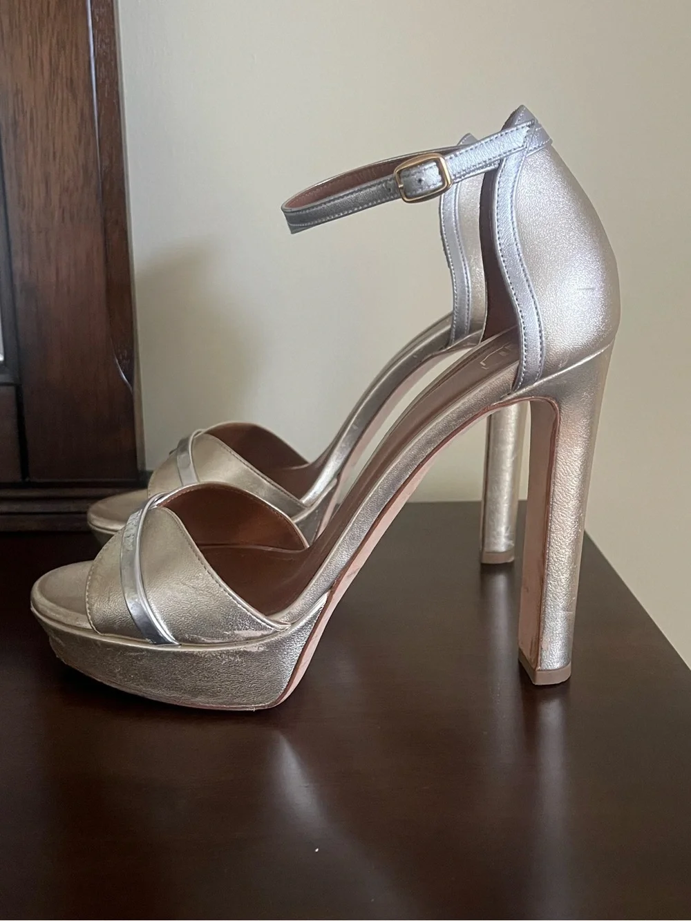 Malone Souliers Silver Metallic Platform Ankle-Strap Heels